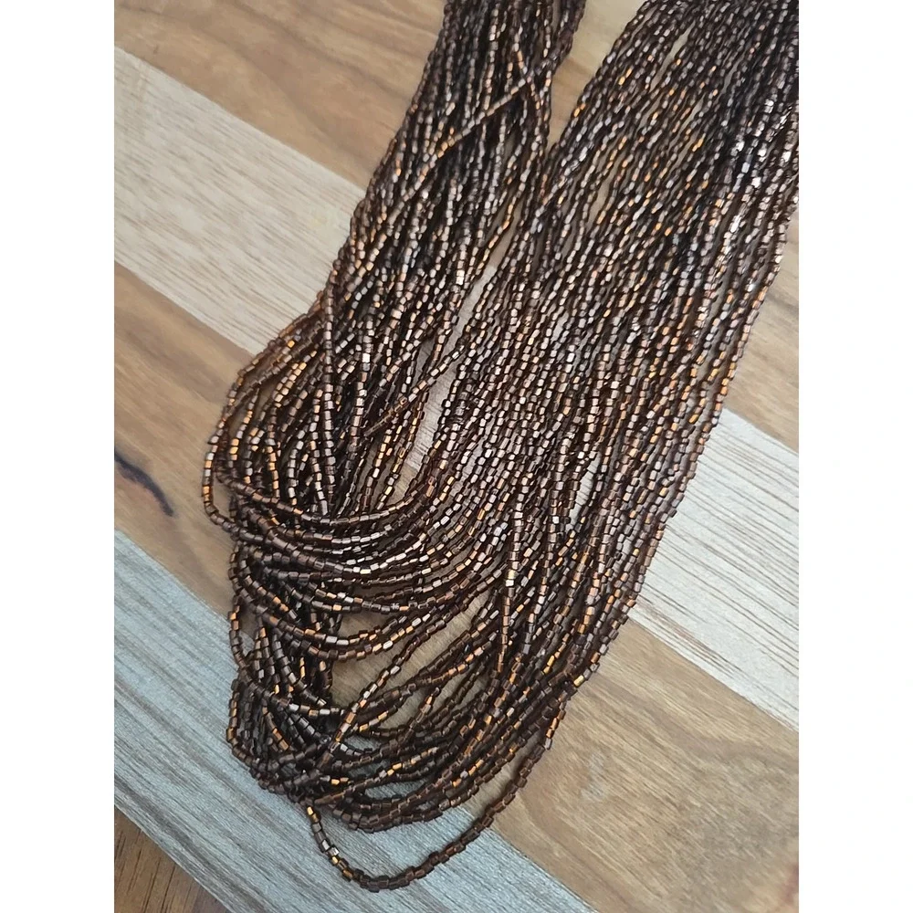 Vtg Brown Seed Beaded Multi-Strand Gold Tone Flower Clasp‎ Boho Necklace Jewelry